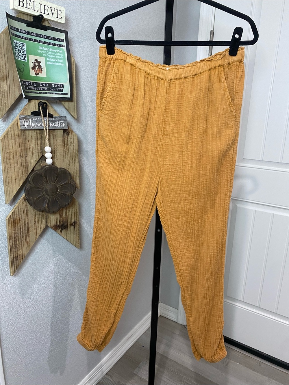 Wonderly Ochre Gauze Elastic Waist Pants pockets and jogger cuff